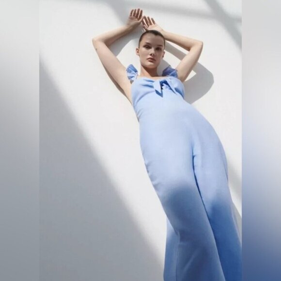 Zara linen blend baby blue tie front cropped pants jumpsuit Sz XS - Picture 1 of 14